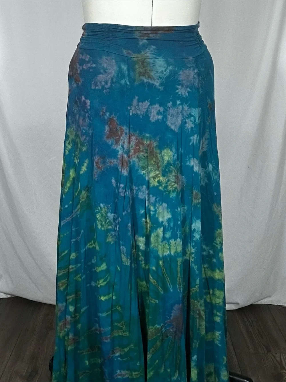 Teal Tie-Dye Maxi Skirt with Green Accents